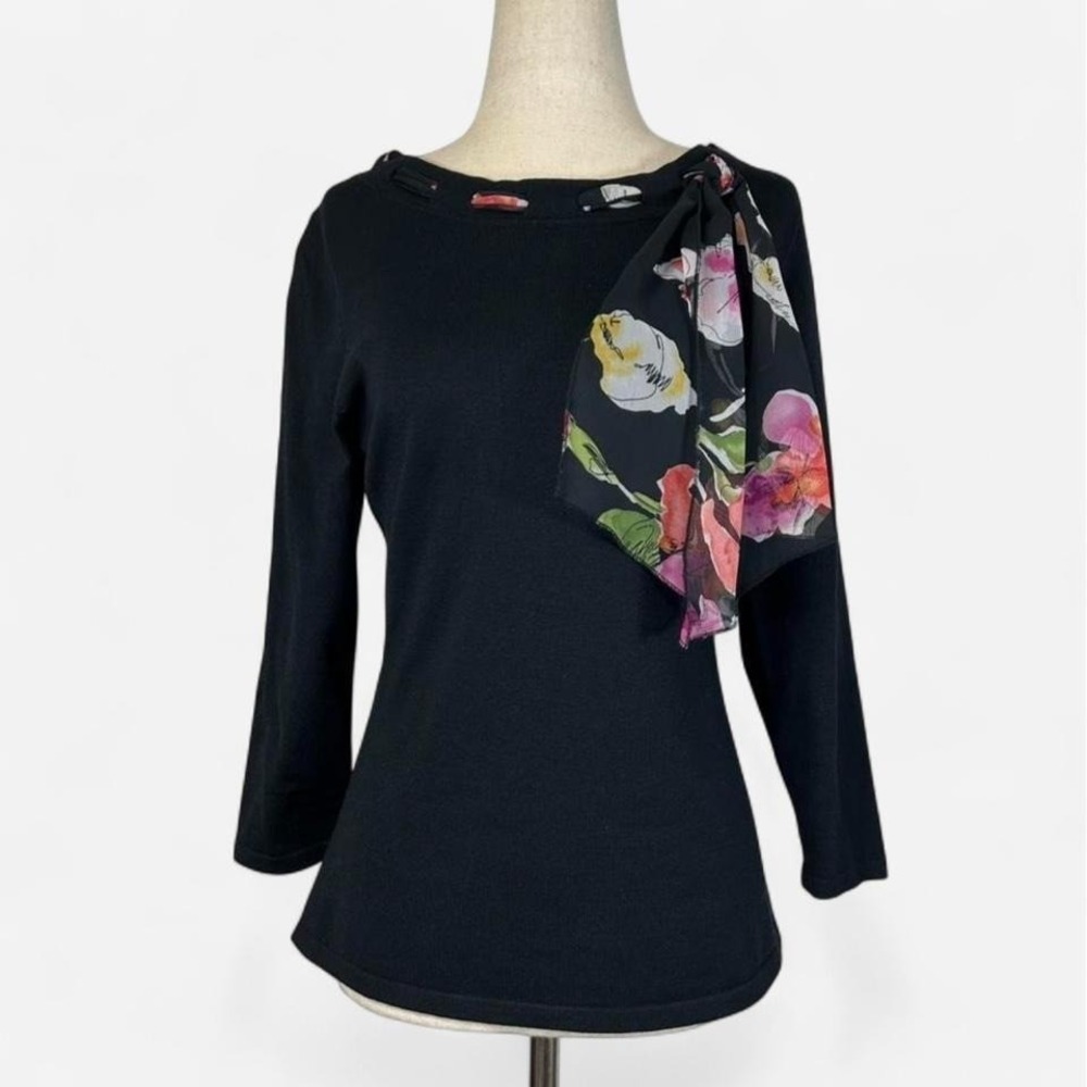 Vintage Silk Long Sleeve Black Boat Neck Top Floral Scarf Womens M Preppy Chic